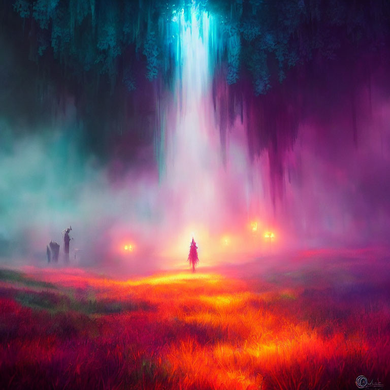 Enchanting forest scene with glowing figure, mist, colors, waterfall