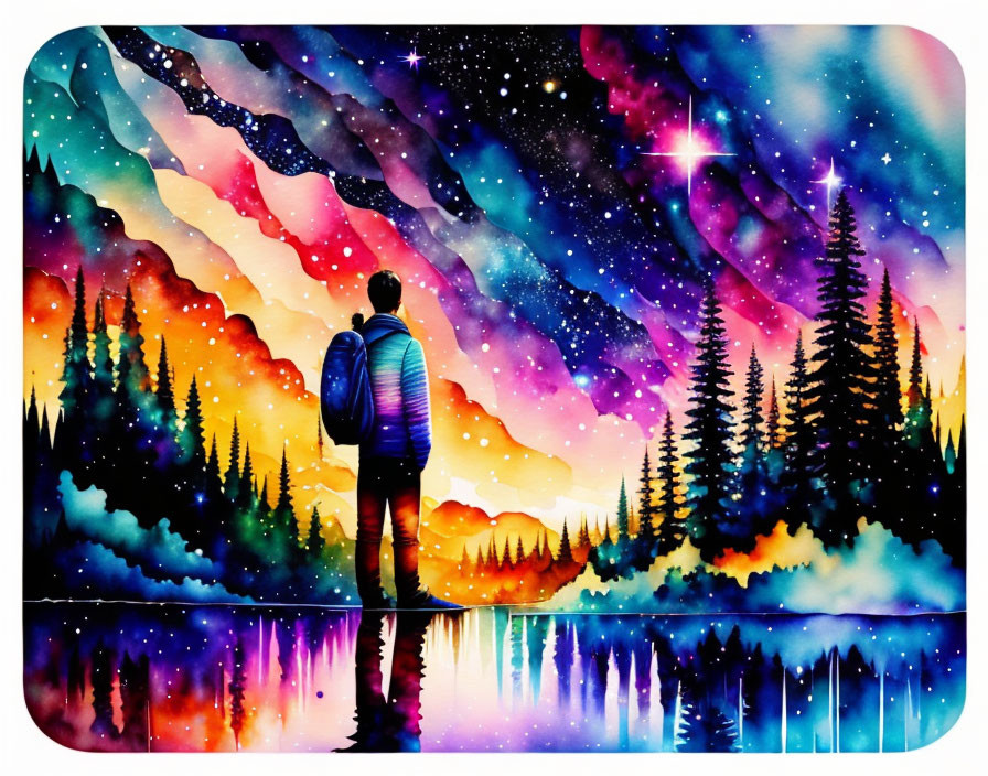 Backpacker in front of vibrant starry sky and colorful aurora over forest-lined lake