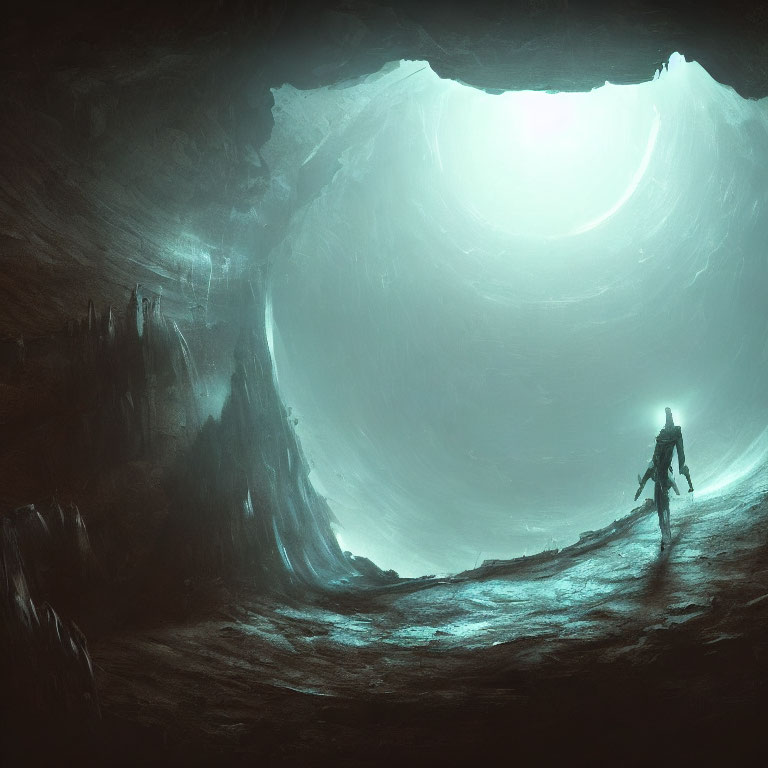 Solitary figure at cave entrance with ethereal light.