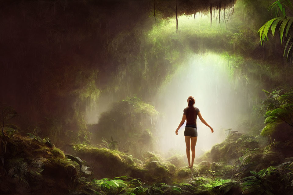 Person standing in lush forest with ethereal light streaming through canopy