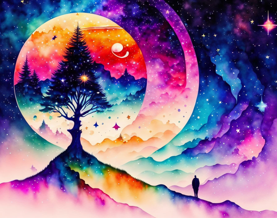 Colorful illustration: person under tree, surreal moon, starry night sky