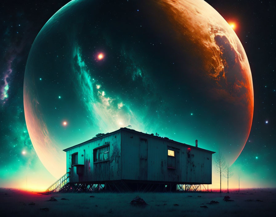 Dilapidated house under surreal sky with large reddish planet, stars, and nebula