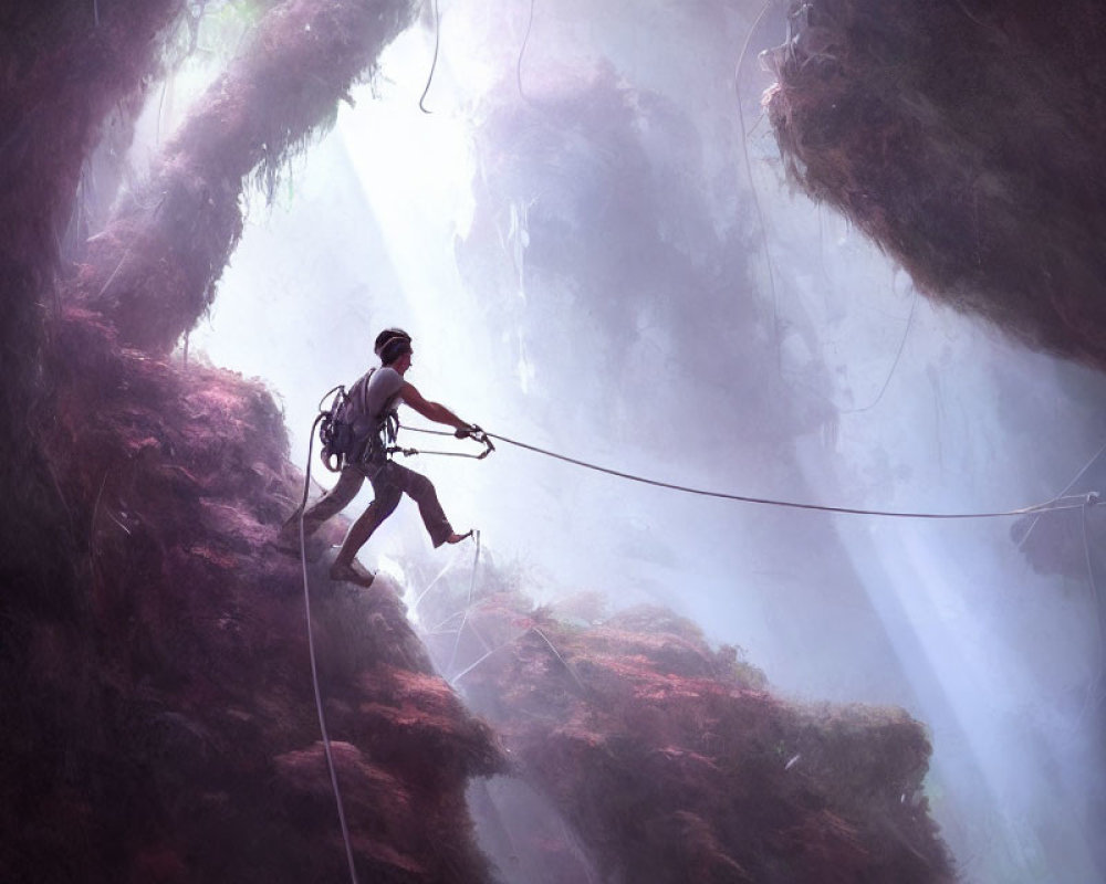 Person rappelling down mossy cavern cliff under soft light.