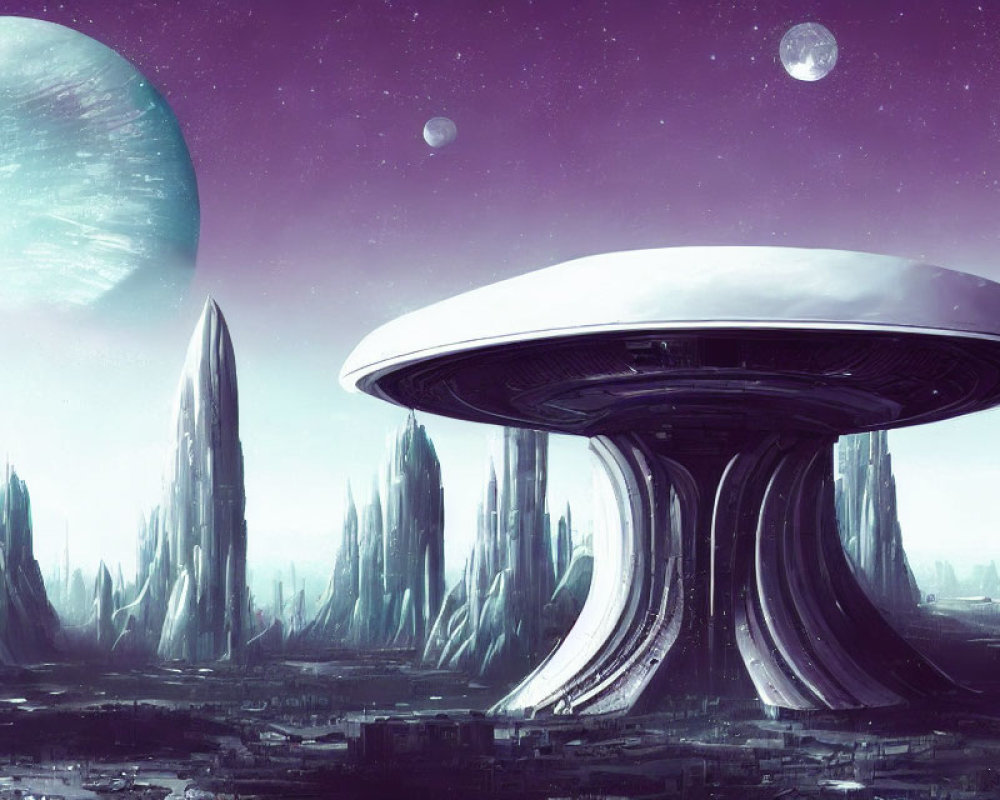 Futuristic cityscape with towering spires and saucer-shaped building under giant planet and moons