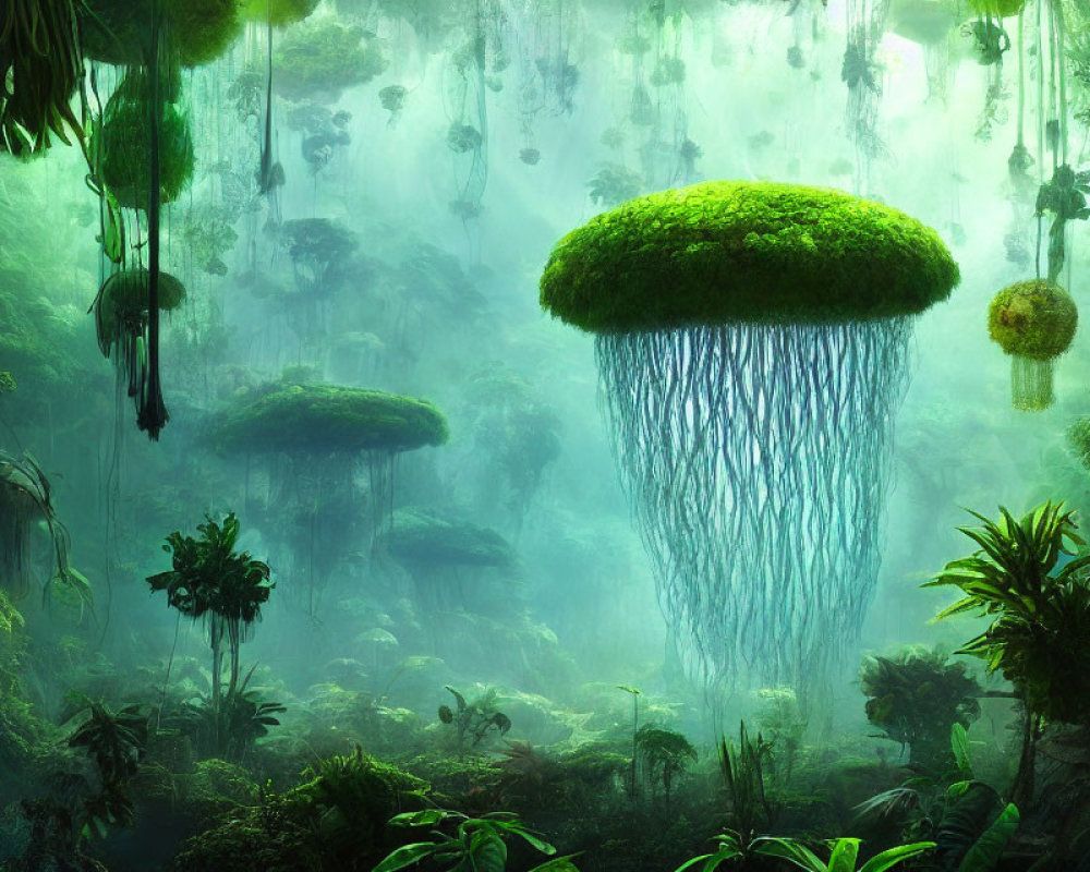 Mystical forest with floating islands and jellyfish-like plants