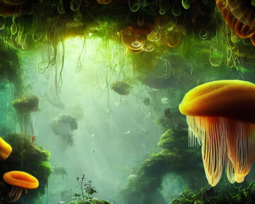 Fantastical undergrowth scene with oversized glowing jellyfish-like creatures among lush green foliage