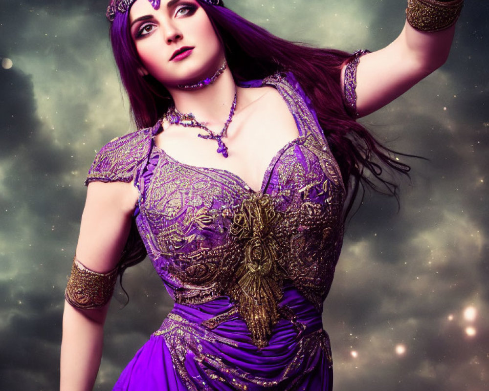 Purple Embellished Belly Dance Costume with Gold Jewelry Against Starry Sky