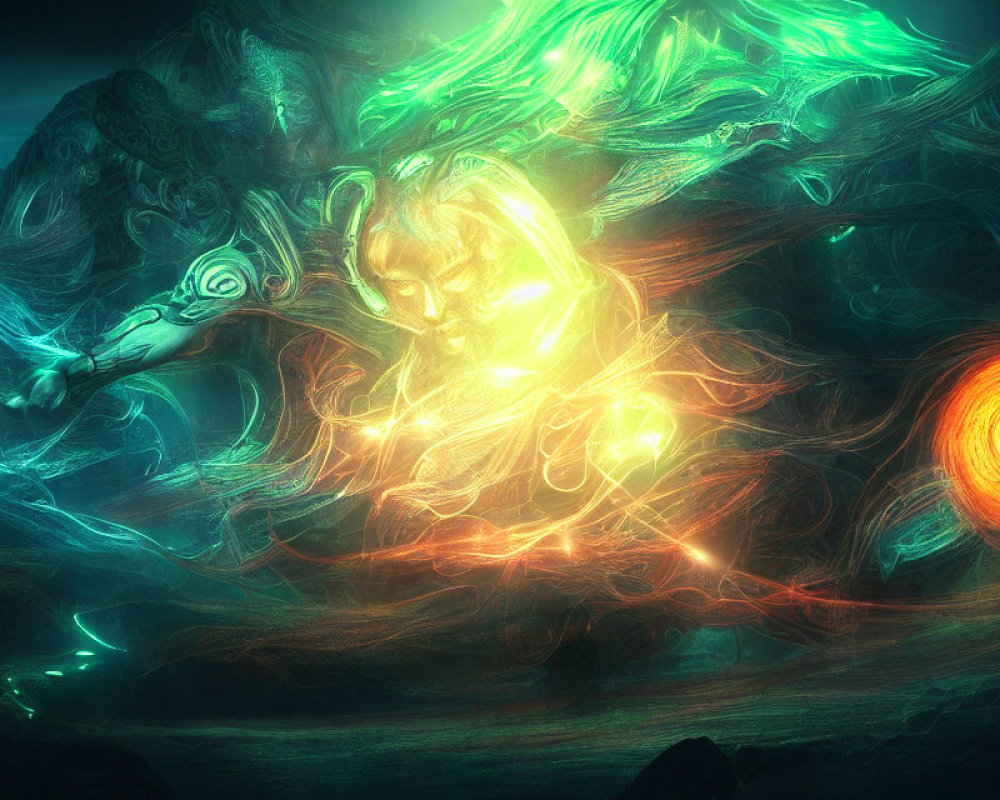 Vibrant digital art: ethereal forms, glowing lines, radiant orb