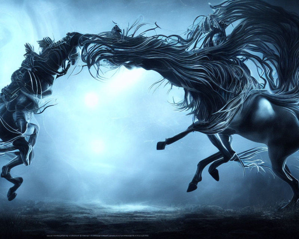 Ethereal horses with spectral rider in monochromatic blue landscape