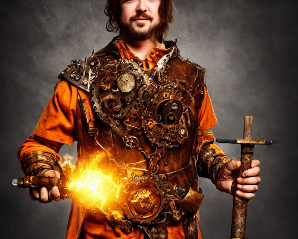 Steampunk man with glowing device and sword in hand on grey background