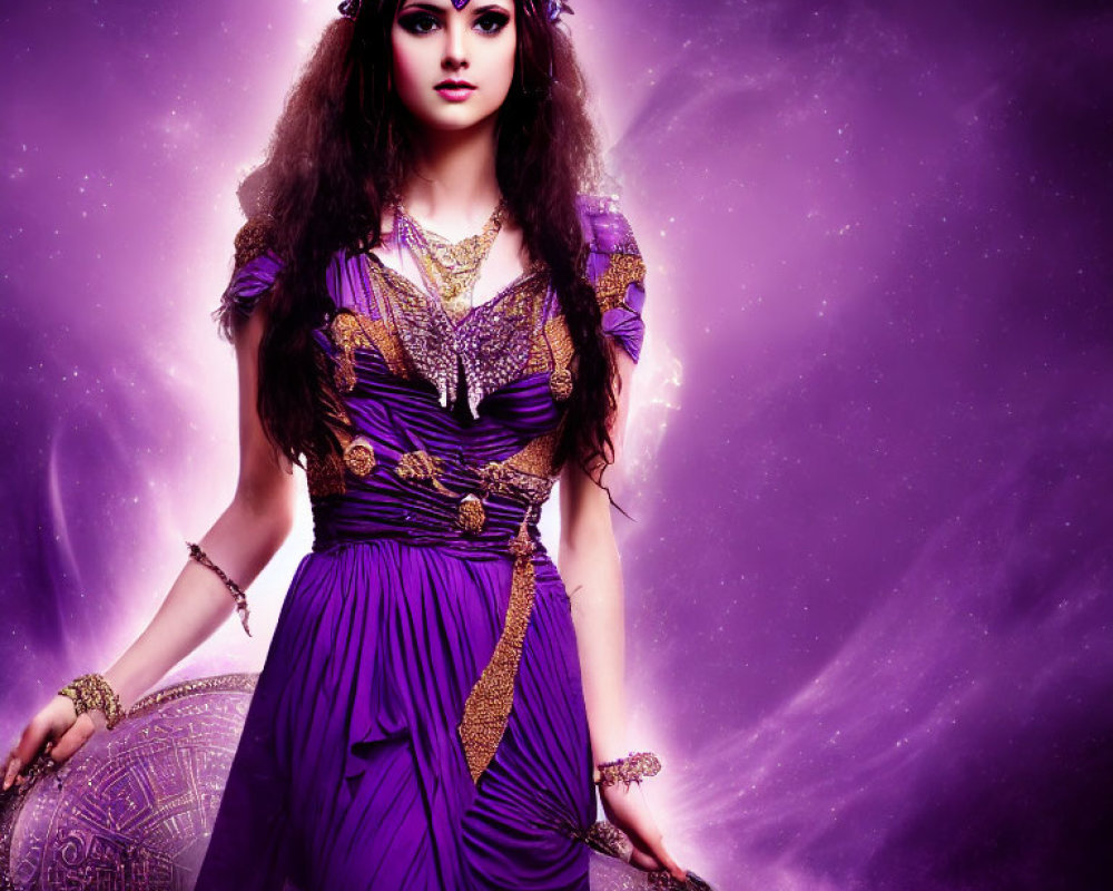 Fantasy woman in purple costume with shields on mystical background