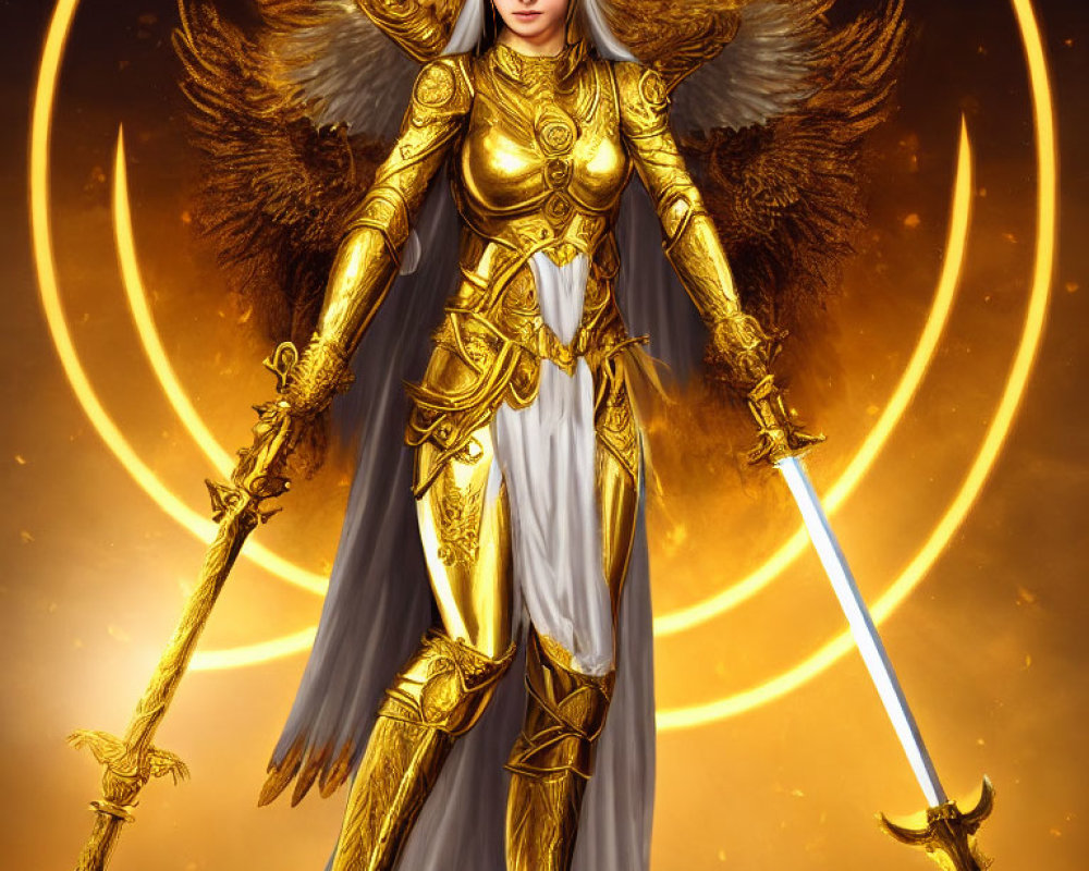 Detailed Warrior Angel Illustration in Golden Armor with Glowing Sword