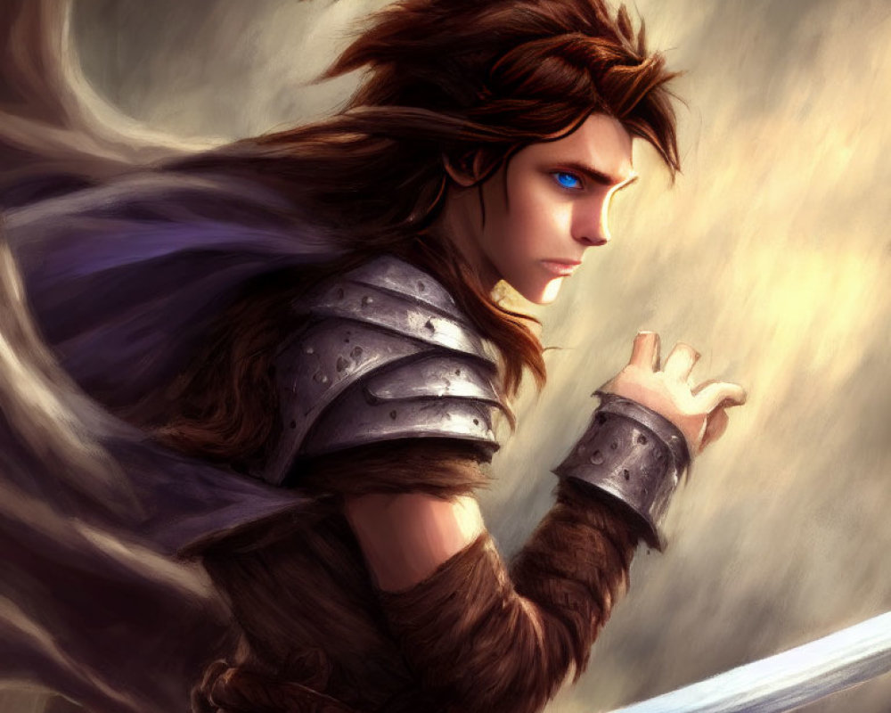 Fantasy female warrior digital art with brown hair and silver armor