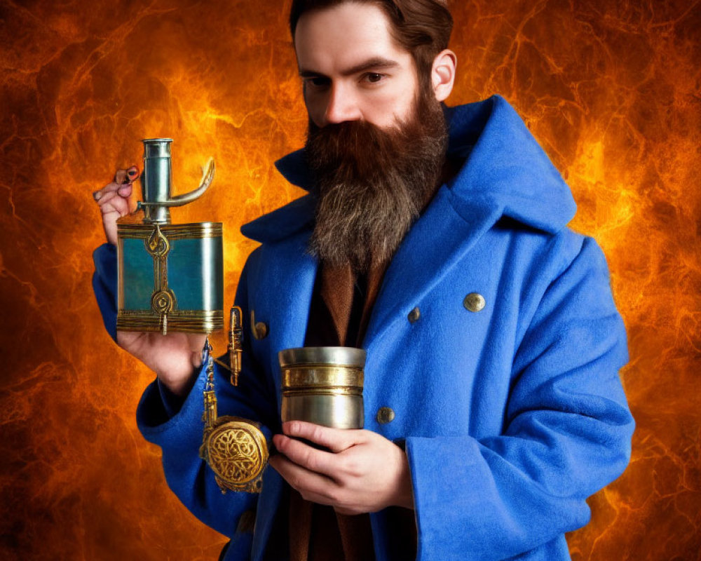 Bearded man in blue coat with telescope and cup in fiery background