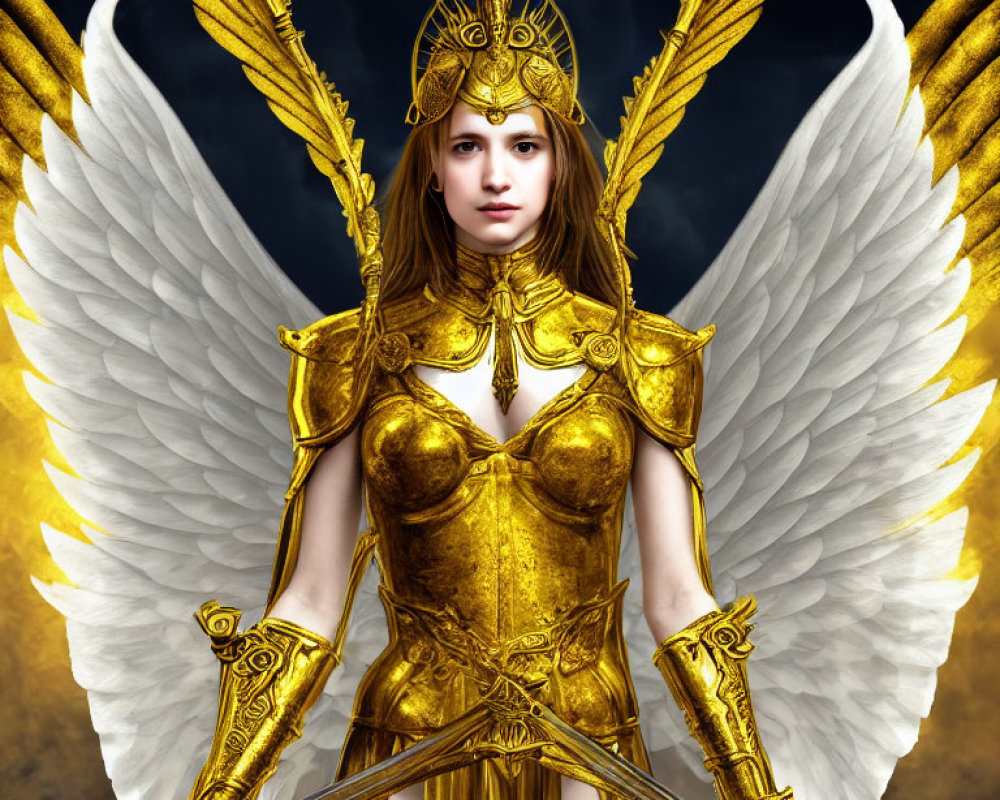 Golden armored figure with winged helmet and white wings under cloudy sky