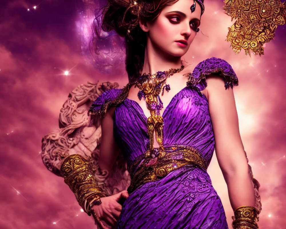 Person in Dramatic Makeup and Regal Purple Dress with Gold Jewelry in Celestial Setting