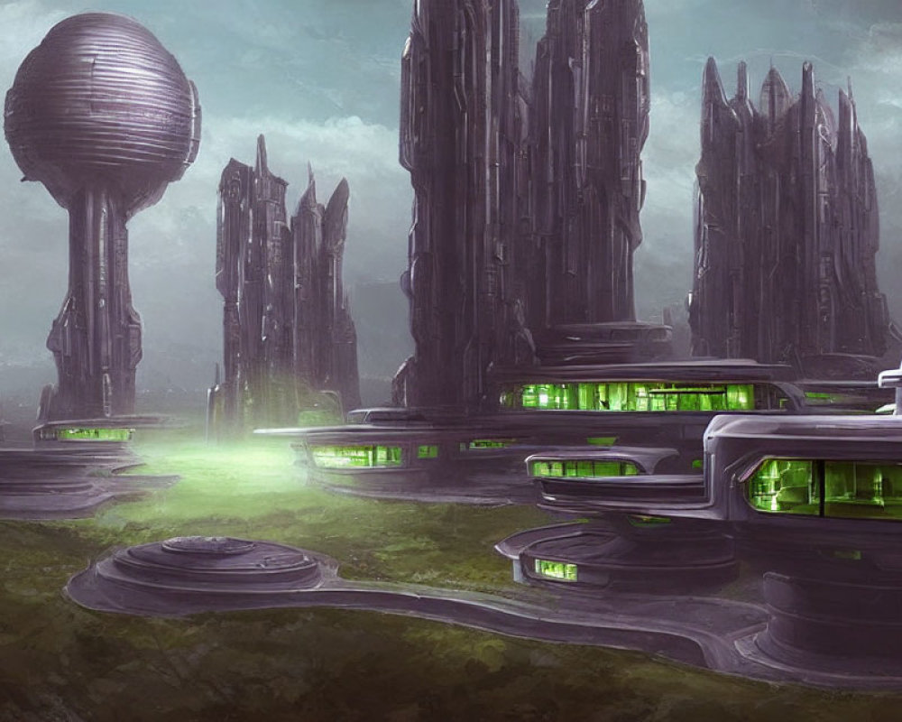 Futuristic cityscape with dark spires and green illuminated windows