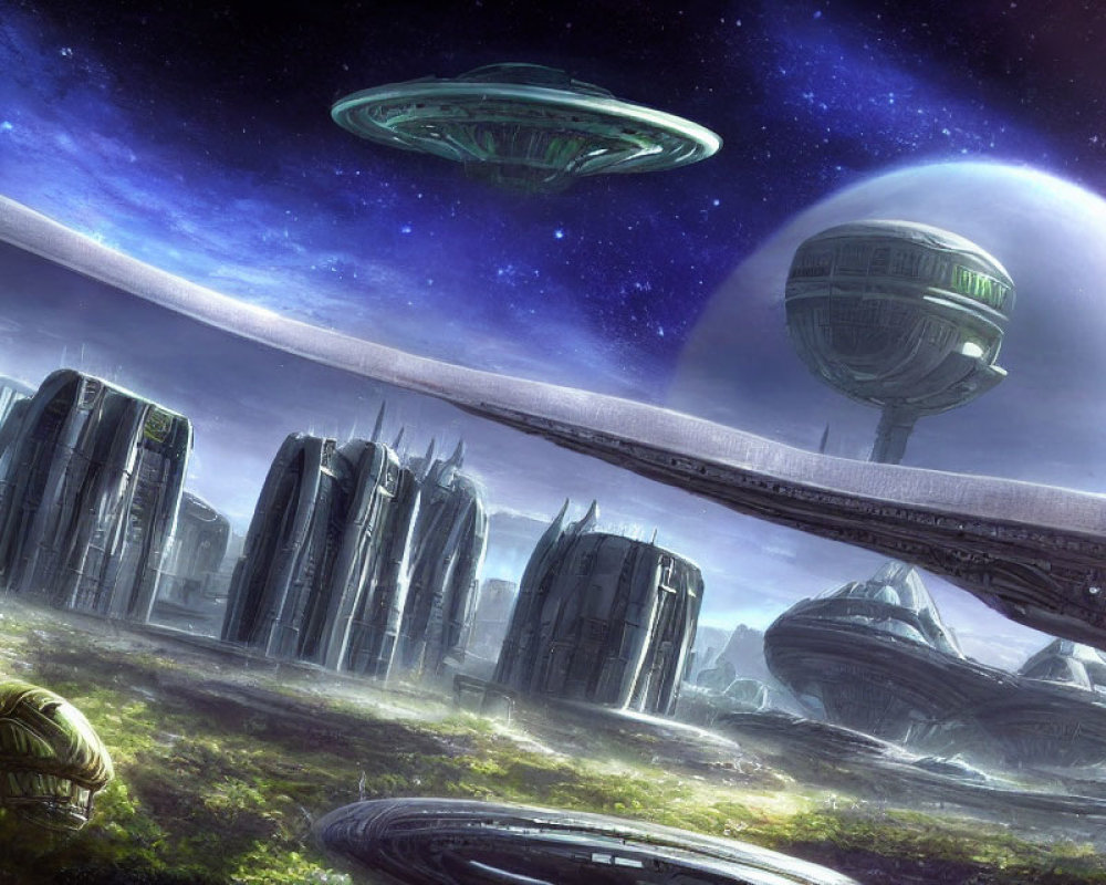 Futuristic cityscape with towering buildings and flying saucers