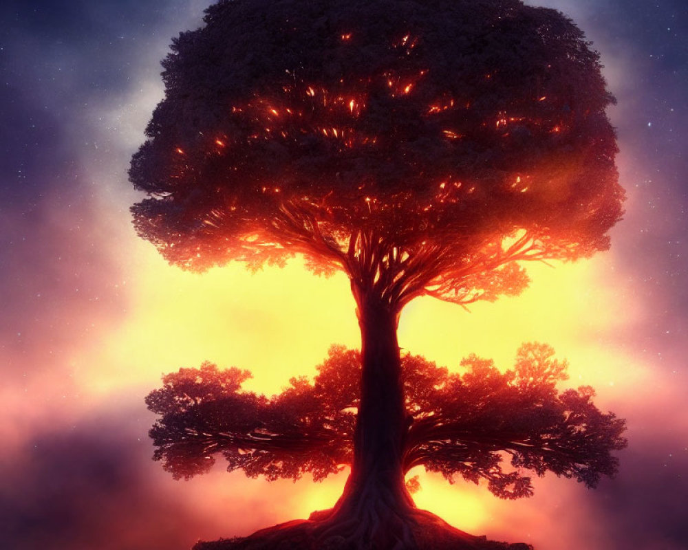 Majestic tree with luminescent glow in twilight sky