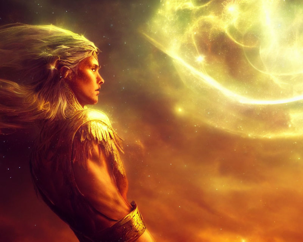 Elf in golden armor admiring swirling galaxy amidst stars