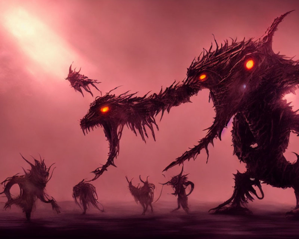 Sinister Thorny Creatures with Glowing Red Eyes in Dark Artwork