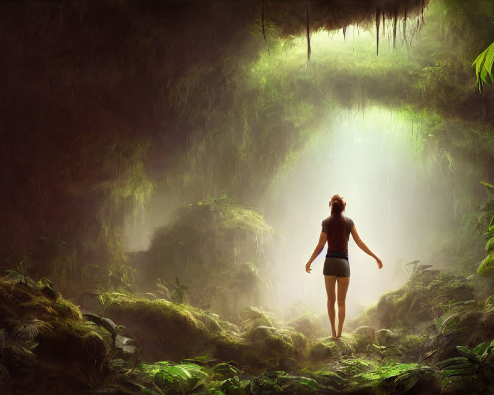 Person standing in lush forest with ethereal light streaming through canopy