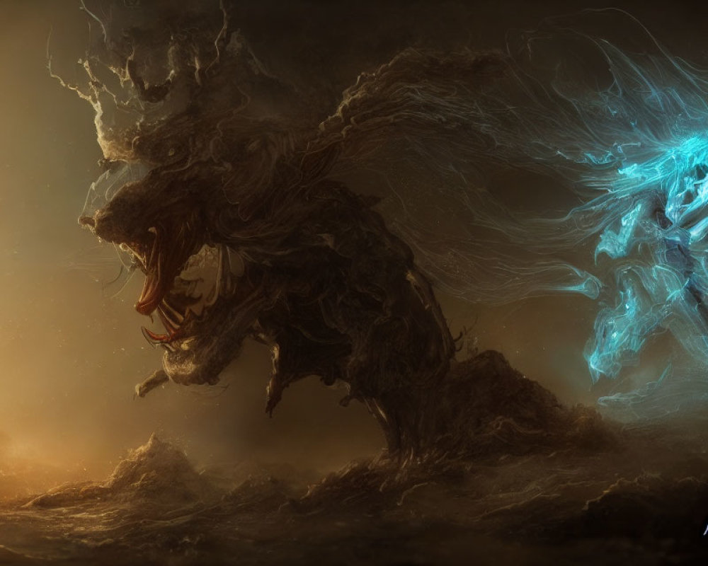 Dark fantasy scene: ferocious beast vs. spectral energy creature