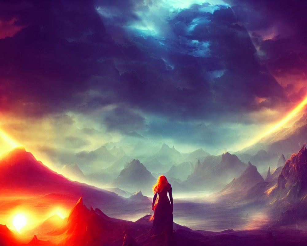 Solitary Figure in Dramatic Fantasy Landscape with Twin Suns