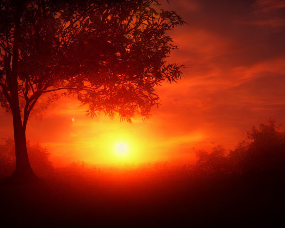 Solitary Tree Silhouetted Against Vibrant Sunrise Sky