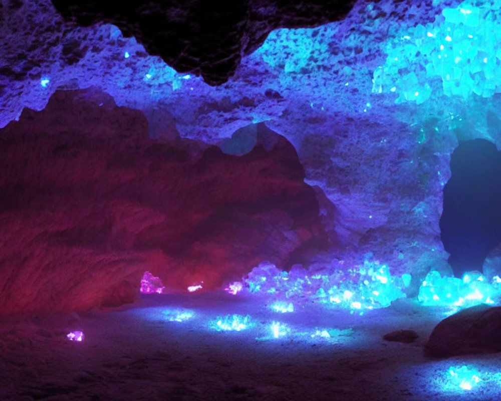 Vibrant Purple and Blue Lit Cave with Crystal Formations