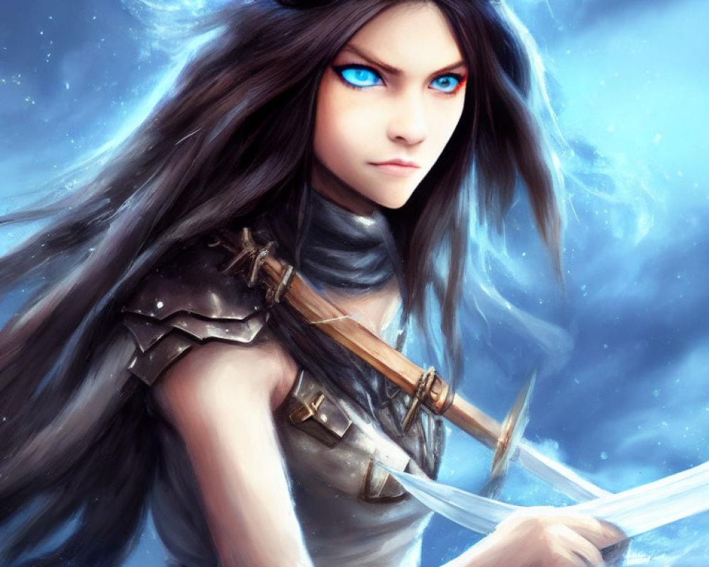 Fantasy warrior woman with blue eyes and glowing sword under mystical sky