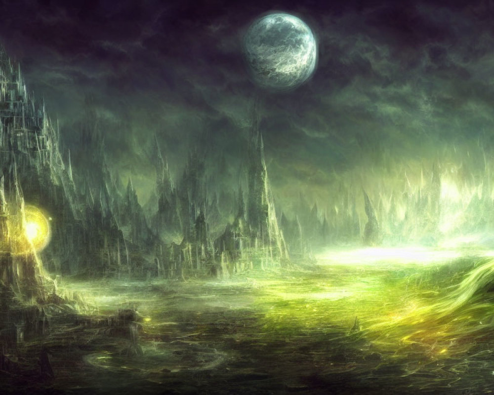 Mystical green landscape with towering spires and luminous orb