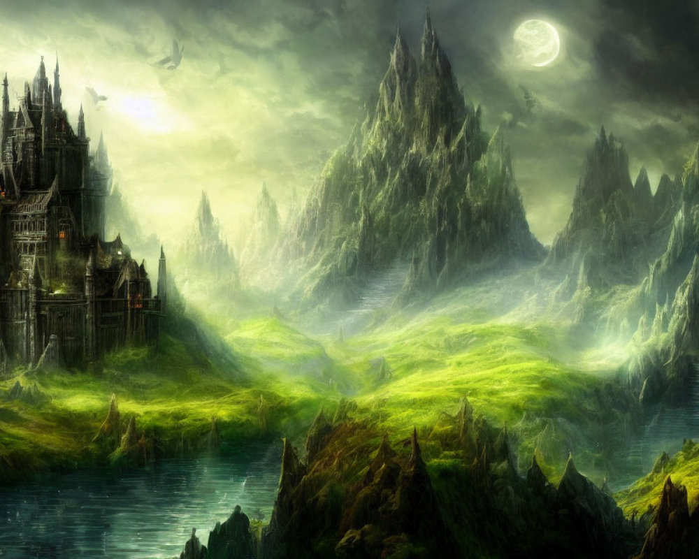 Mystical landscape with grand castle, mountains, green fog, lake, and full moon