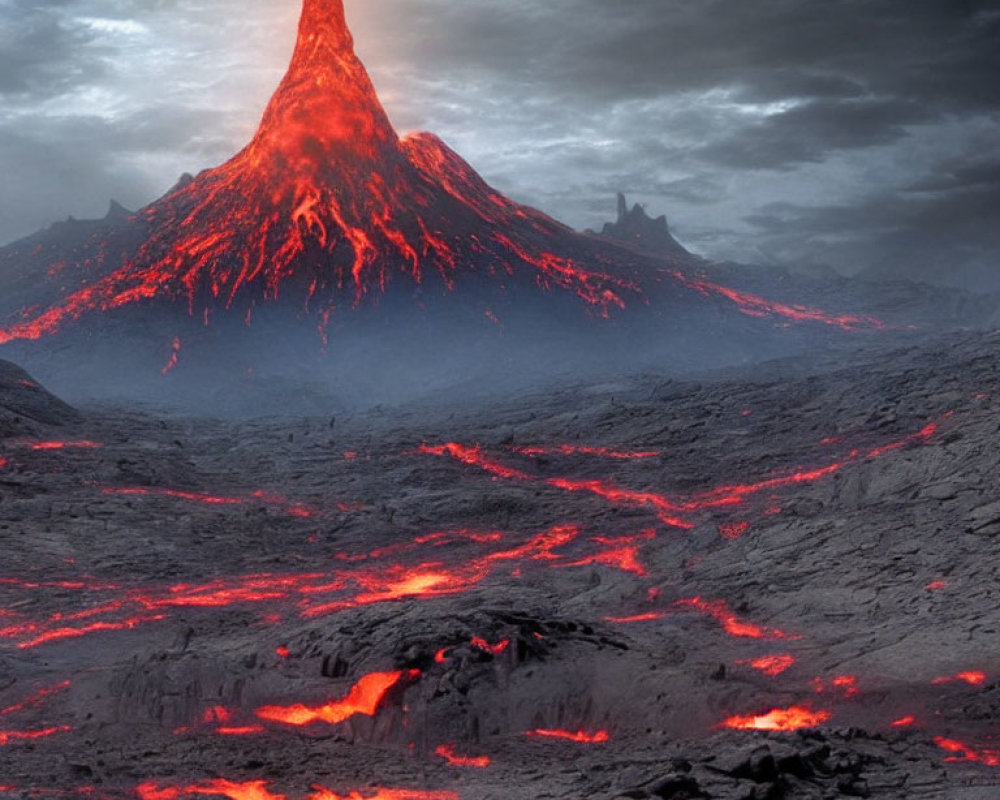 Erupting volcano in fiery, lava-filled landscape