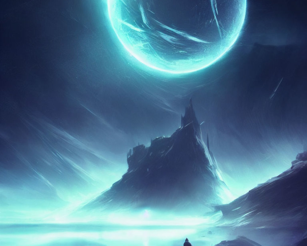 Figure in luminous landscape with towering mountain under swirling celestial bodies.