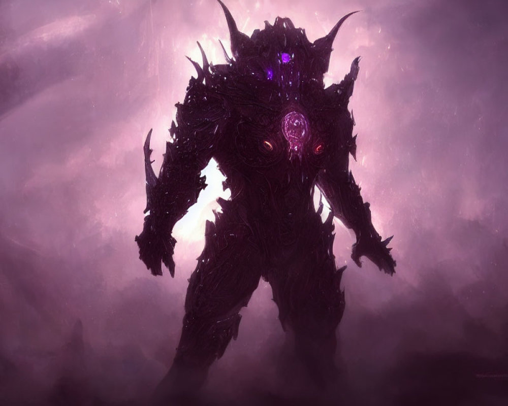 Dark Armored Figure with Glowing Purple Eyes in Misty Landscape