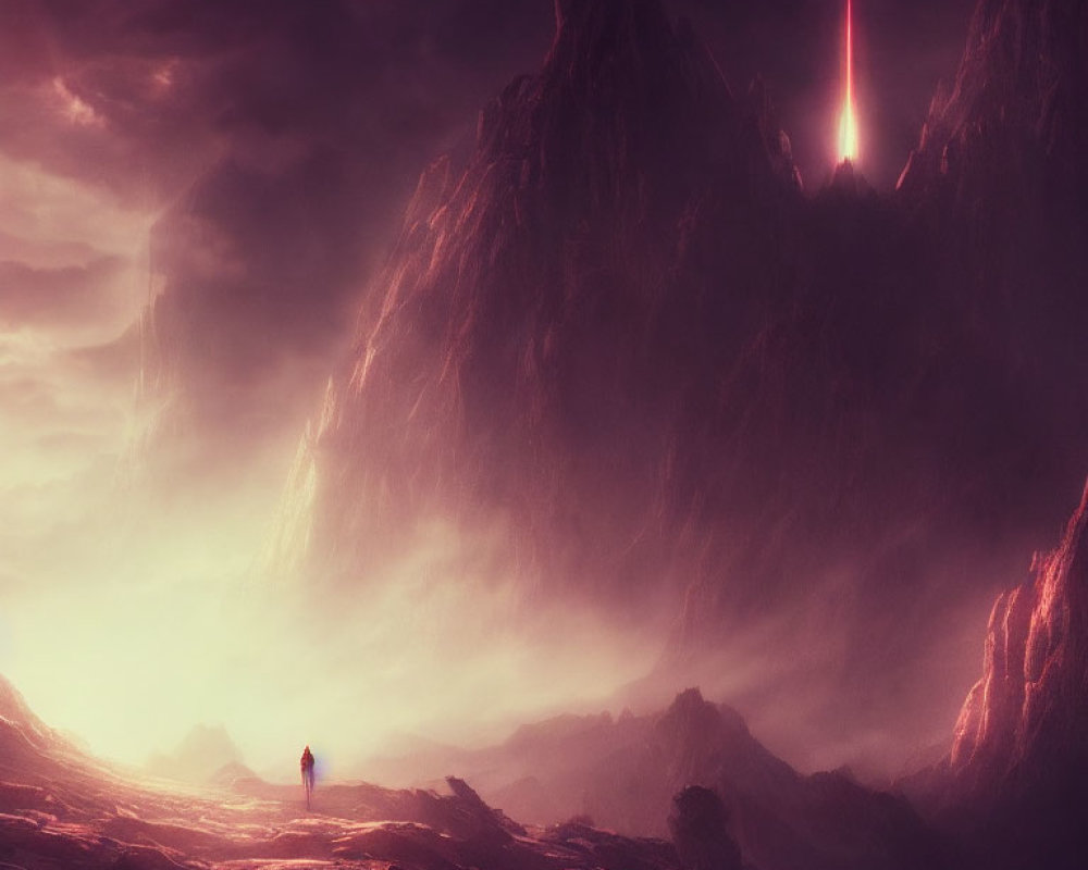 Mysterious figure in surreal crimson landscape with towering cliffs