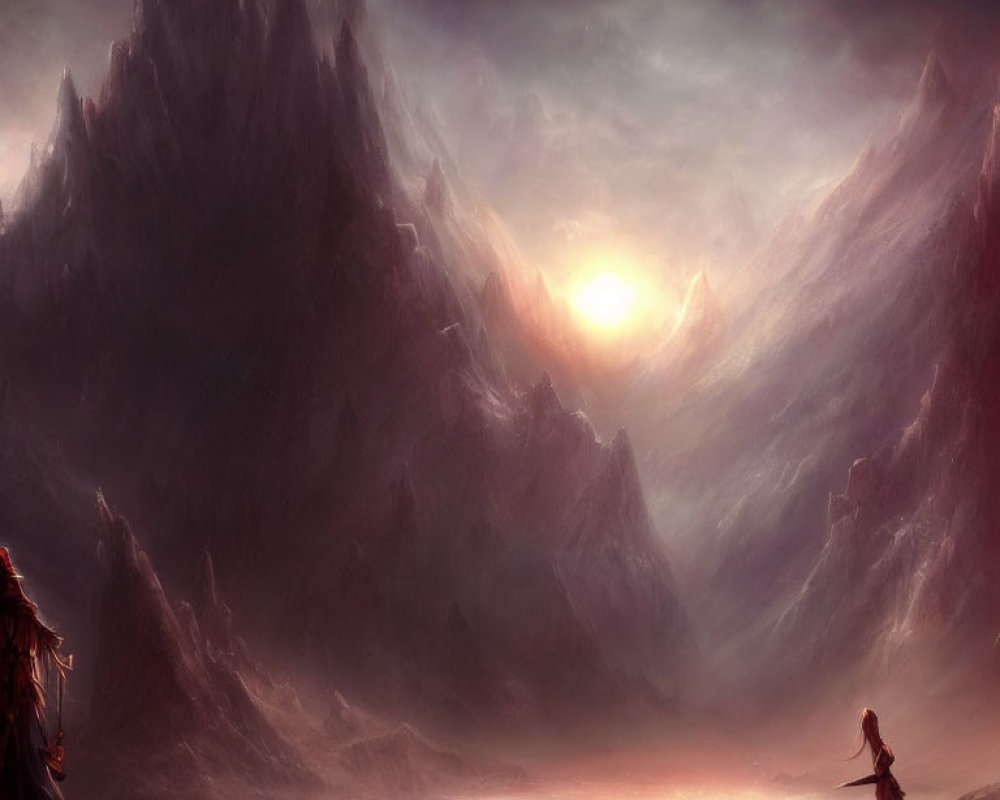 Majestic fantasy landscape with dark mountains and cloaked figures