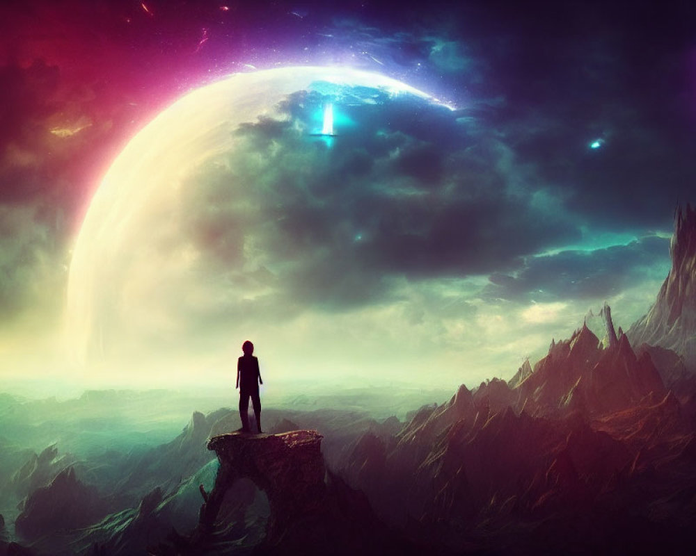 Person on Cliff Edge Gazing at Massive Planet and Celestial Landscape