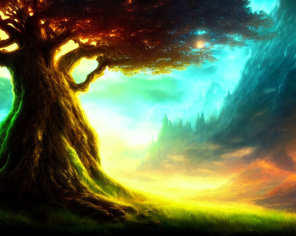 Majestic tree in vibrant fantasy landscape with glowing meadows and fiery sky