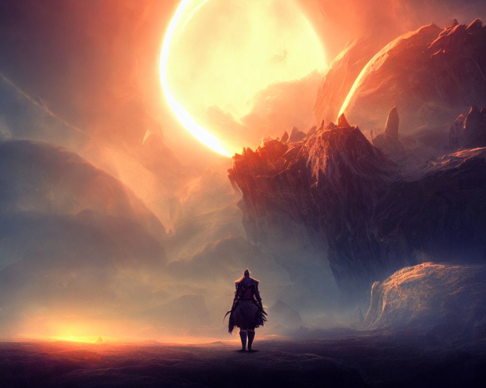 Solitary Figure in Epic Landscape with Luminous Celestial Body