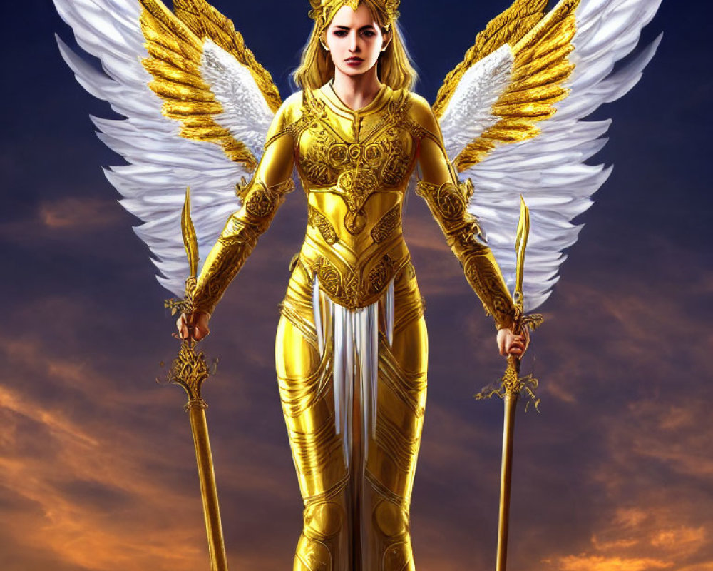 Golden armored figure with wings, spear, and staff against dramatic sky.