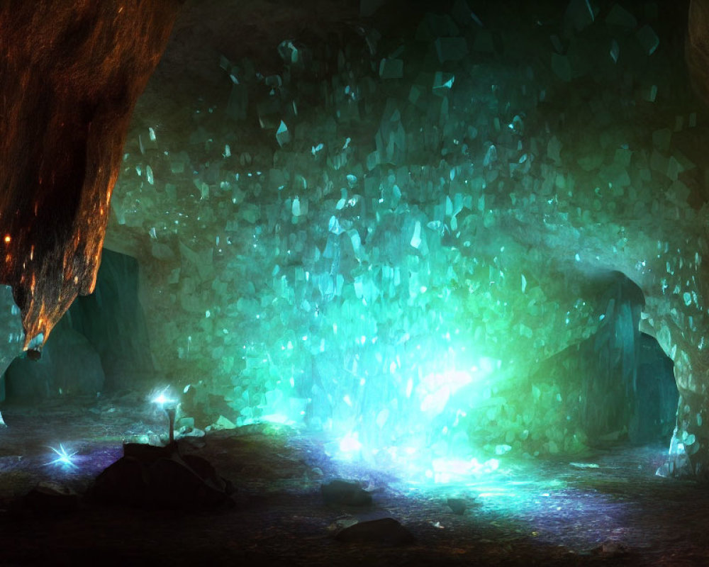 Crystal Cave with Shining Gemstones and Person in Center