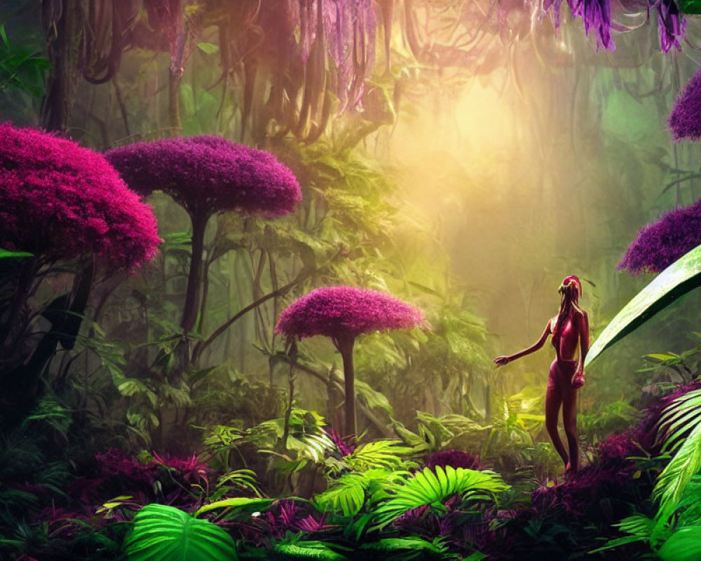 Person in mystical forest with vibrant green foliage and purple flowers