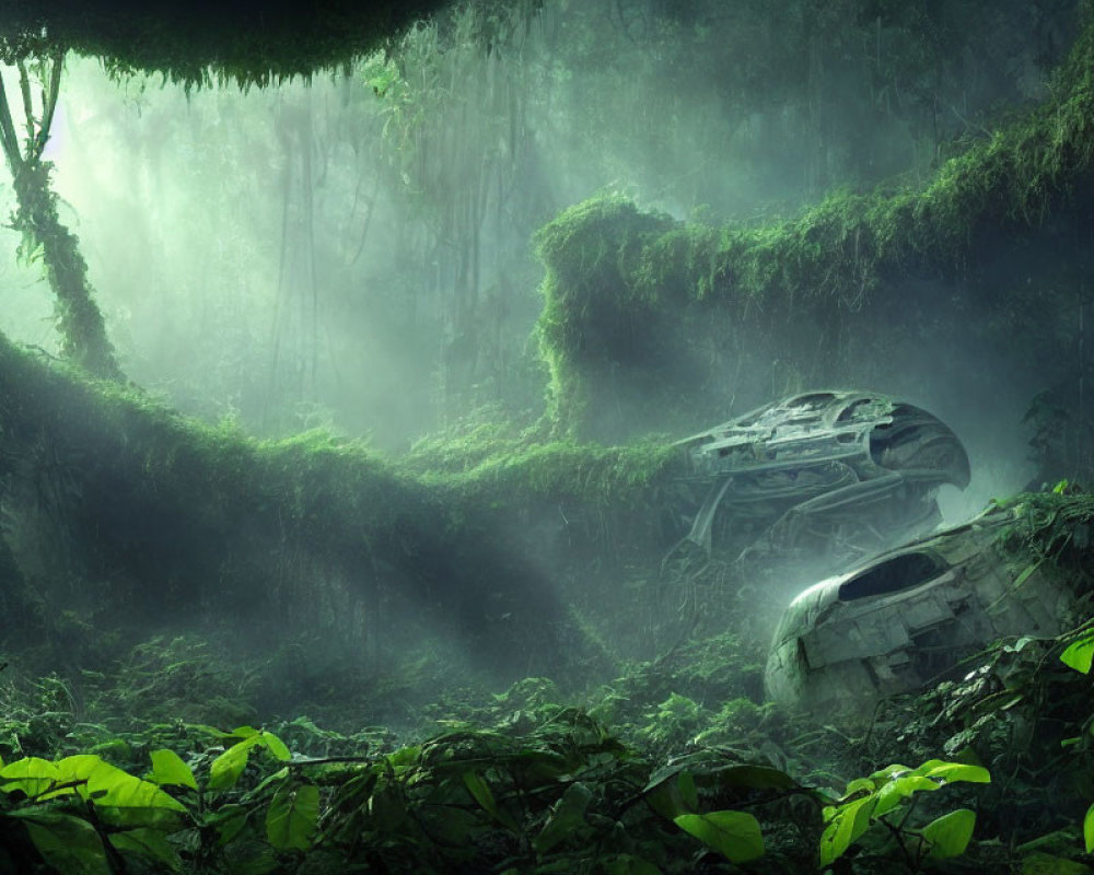 Overgrown forest with misty atmosphere and abandoned spaceship