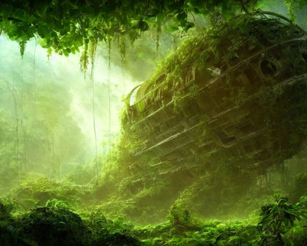 Abandoned airplane covered in greenery in misty jungle