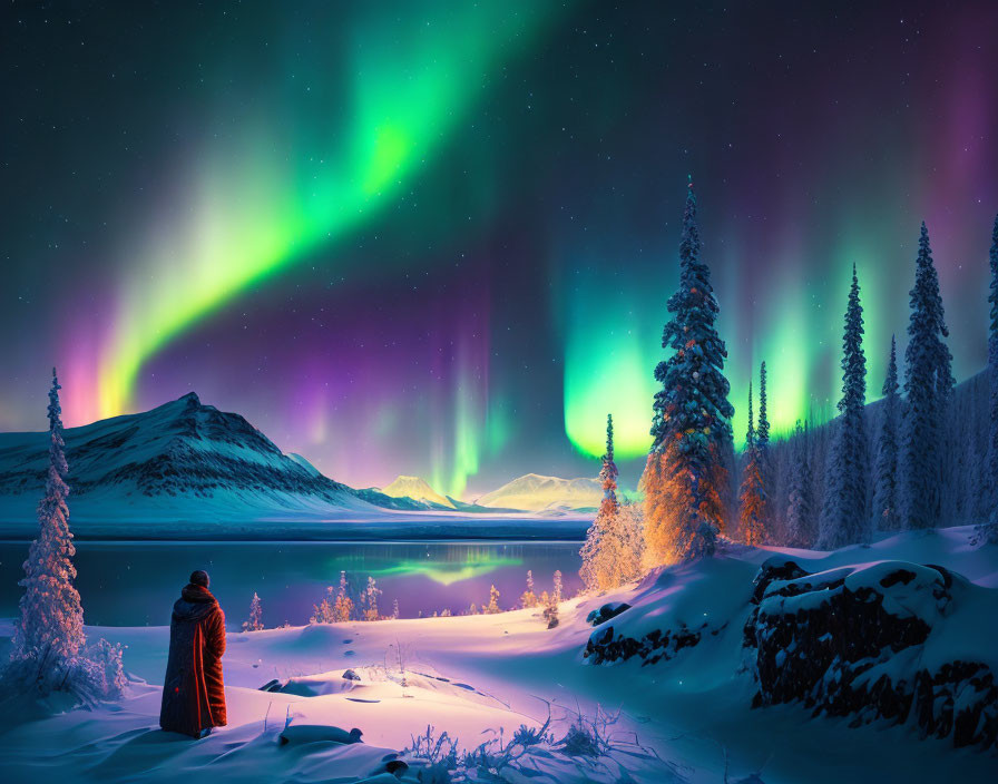 Person in Red Coat in Snowy Landscape with Aurora Borealis at Night