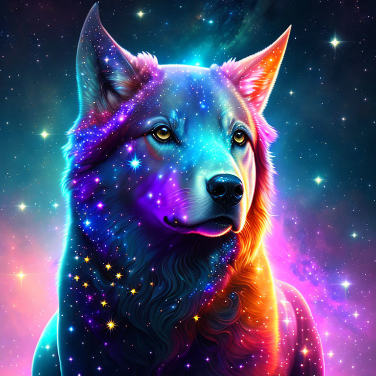 Colorful Cosmic-Themed Wolf Art with Stars and Nebulas