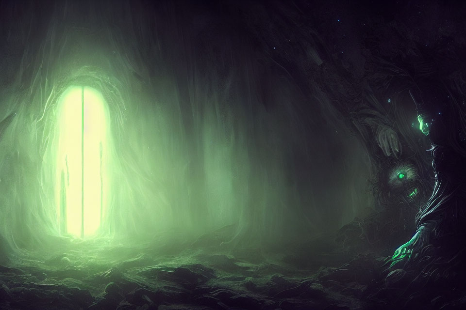 Mysterious Green-Lit Cave with Glowing Doorway and Shadowy Figure