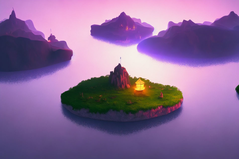 Fantasy landscape at dusk with floating islands and glowing lantern